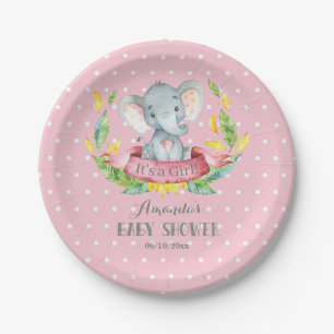 Girl Elephant Baby Shower Pink and Gray Paper Plate