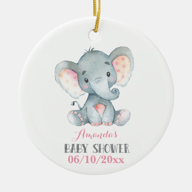 Girl Elephant Baby Shower Pink and Grey Ceramic Ornament (Front)