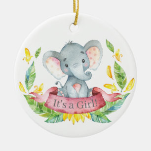 Girl Elephant Baby Shower Pink Ceramic Ornament