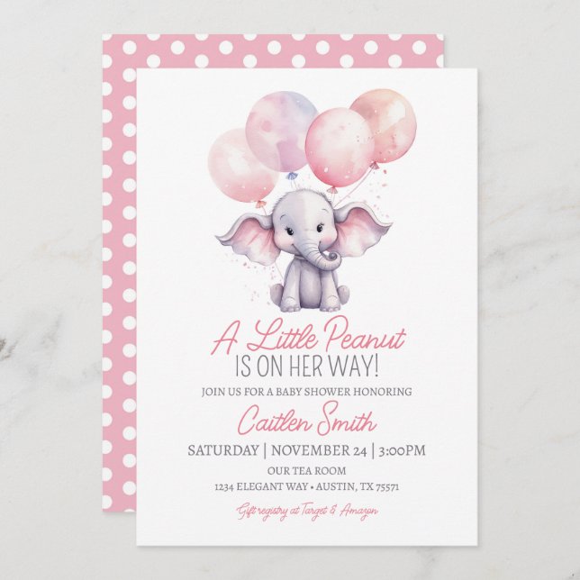 Girl Elephant Baby Shower Pink Grey Polkadots Invitation (Front/Back)