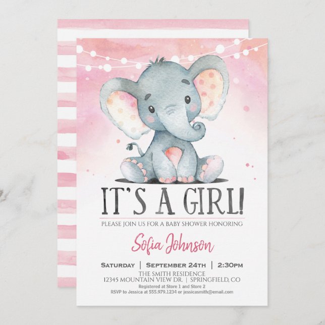Girl Elephant Baby Shower Pink Invitation (Front/Back)
