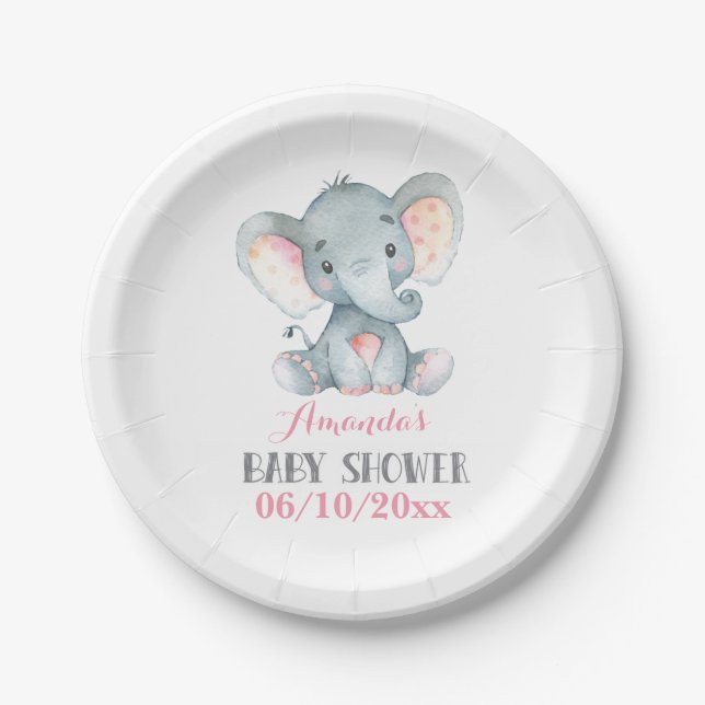 Girl Elephant Baby Shower Pink Paper Plate (Front)