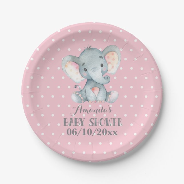 Girl Elephant Baby Shower Pink Paper Plate (Front)