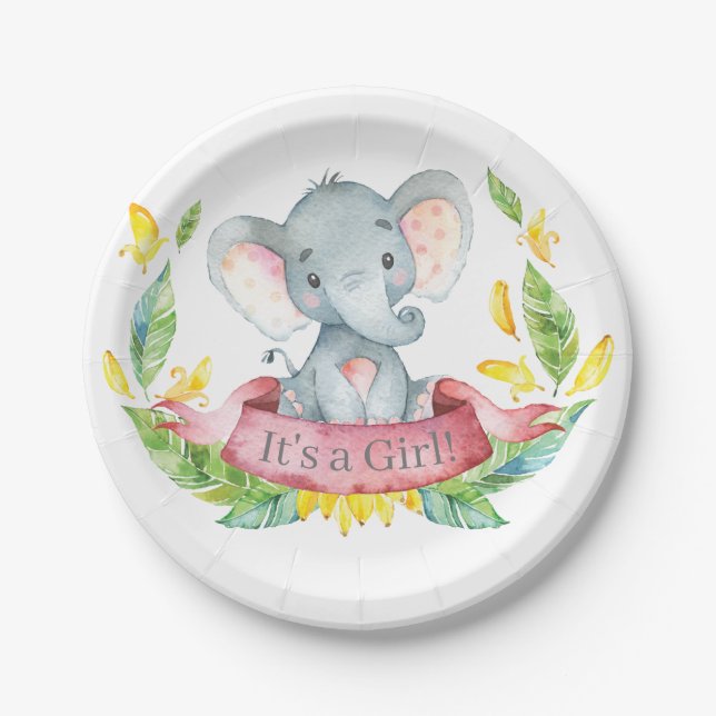 Girl Elephant Baby Shower Pink Paper Plate (Front)