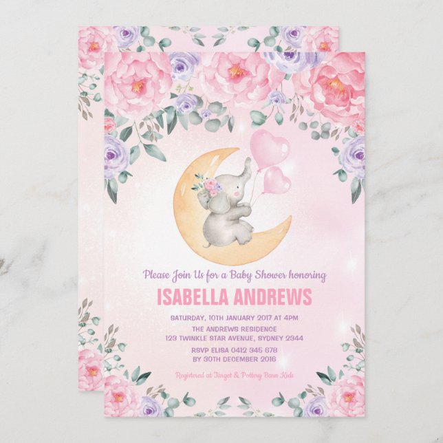 Girl Elephant Baby Shower / Pink Purple Floral Invitation (Front/Back)