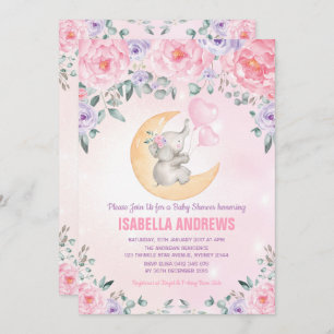 Girl Elephant Baby Shower / Pink Purple Floral Invitation