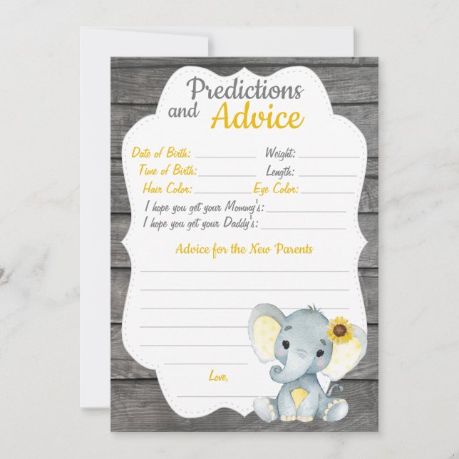 Girl Elephant Baby Shower Prediction Advice card (Front)