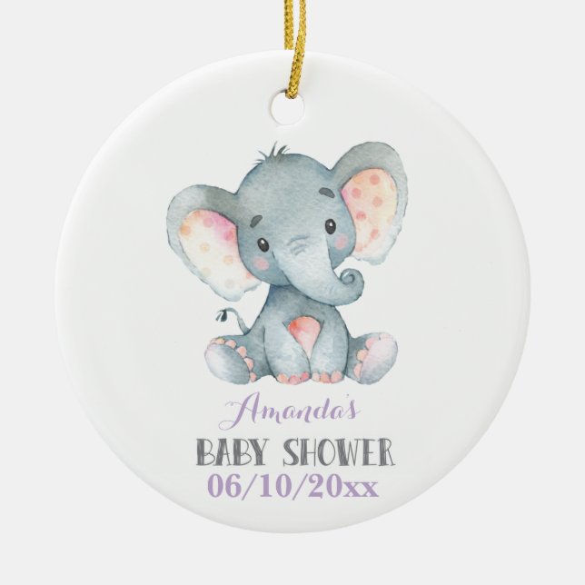 Girl Elephant Baby Shower Purple and Grey Ceramic Ornament (Front)