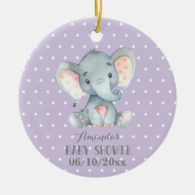 Girl Elephant Baby Shower Purple and Grey Ceramic Ornament (Front)