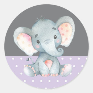 Girl Elephant Baby Shower Purple and Grey Classic Round Sticker