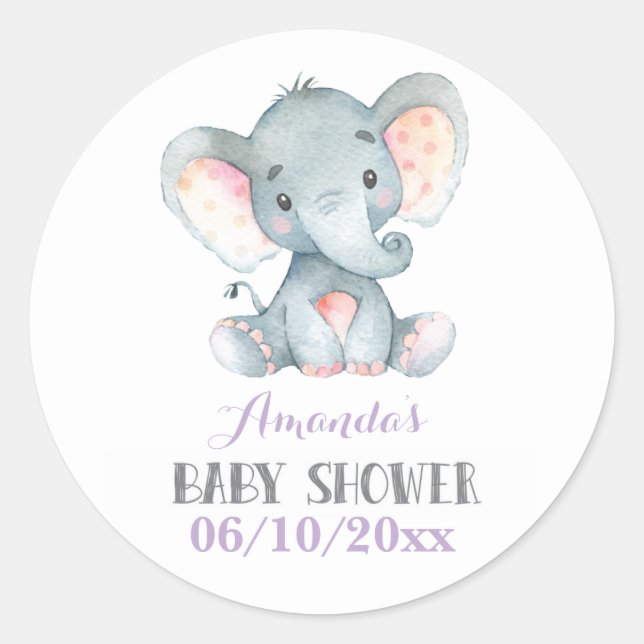 Girl Elephant Baby Shower Purple and Grey Classic Round Sticker (Front)