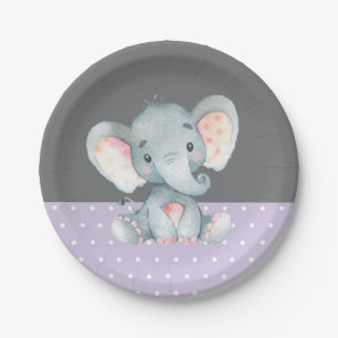 Girl Elephant Baby Shower Purple and Grey Paper Plate