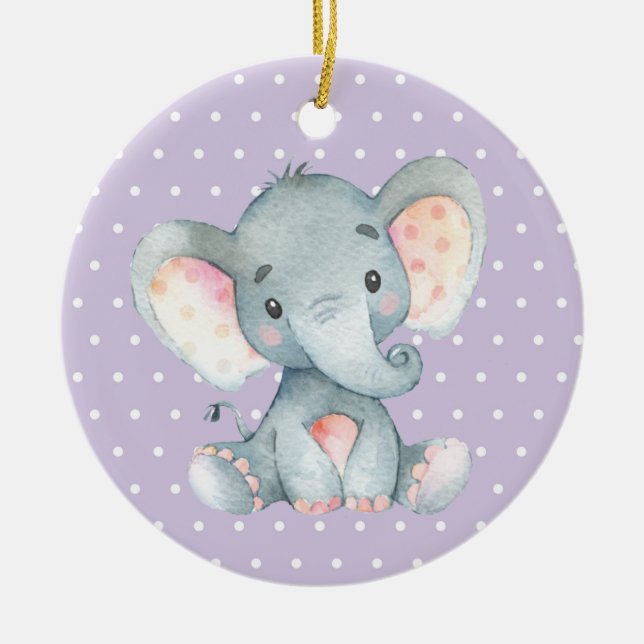 Girl Elephant Baby Shower Purple Ceramic Ornament (Front)