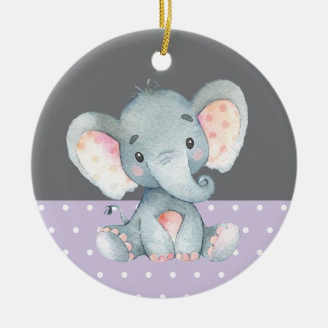 Girl Elephant Baby Shower Purple Ceramic Ornament (Front)