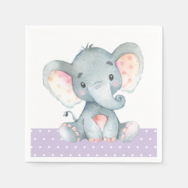 Girl Elephant Baby Shower Purple Napkins (Front)