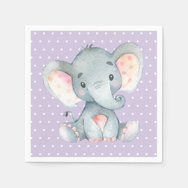 Girl Elephant Baby Shower Purple Napkins (Front)