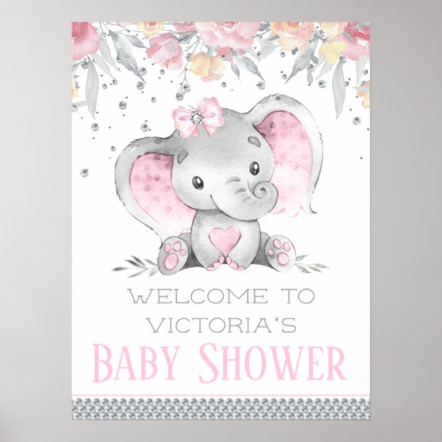 Girl Elephant Baby Shower Sign (Front)