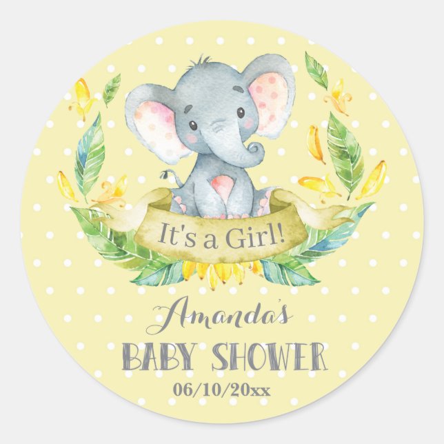 Girl Elephant Baby Shower Yellow and Grey Classic Round Sticker (Front)