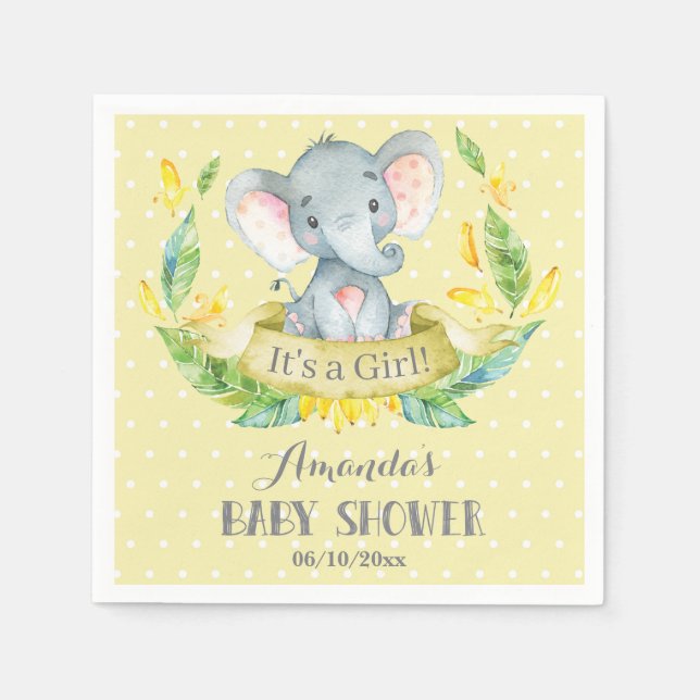 Girl Elephant Baby Shower Yellow and Grey Napkins (Front)