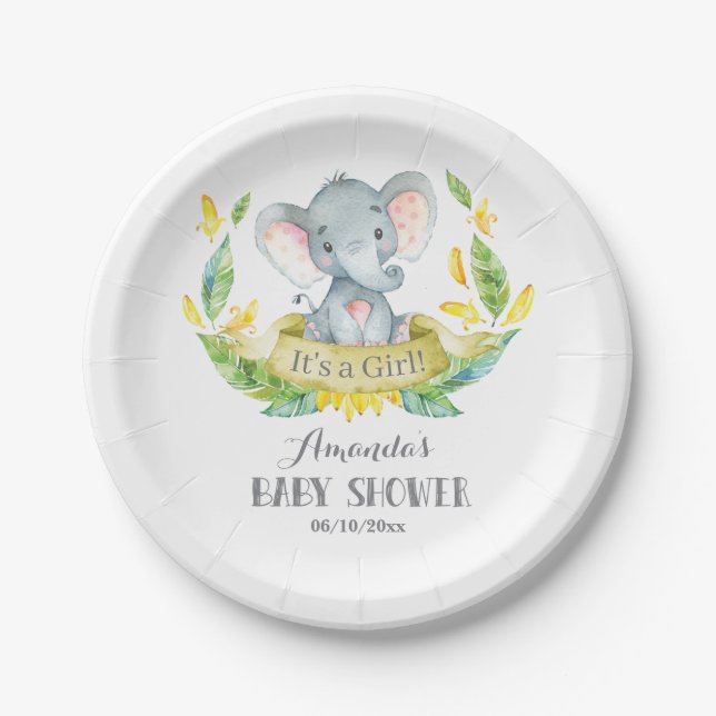 Girl Elephant Baby Shower Yellow and Grey Paper Plate (Front)