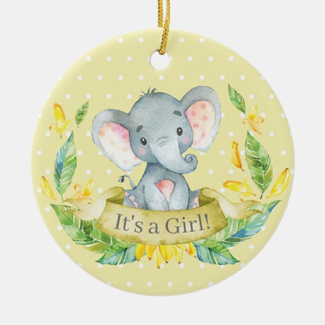 Girl Elephant Baby Shower Yellow Ceramic Ornament (Front)