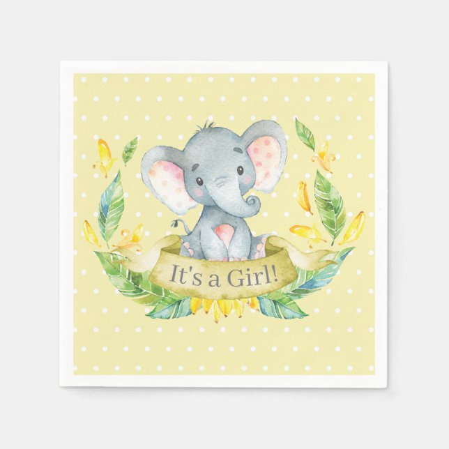 Girl Elephant Baby Shower Yellow Napkins (Front)