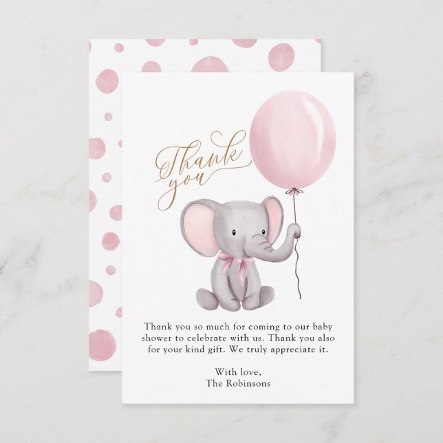 Girl Elephant Balloons Baby Shower Thank You Card (Front/Back)