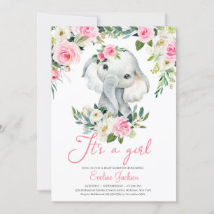 Girl Elephant blush pink flowers greenery foliage Invitation