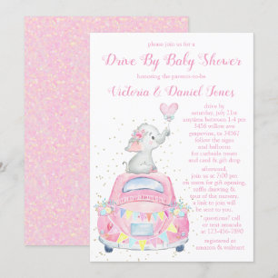 Girl Elephant Car Drive By Baby Shower Invitation