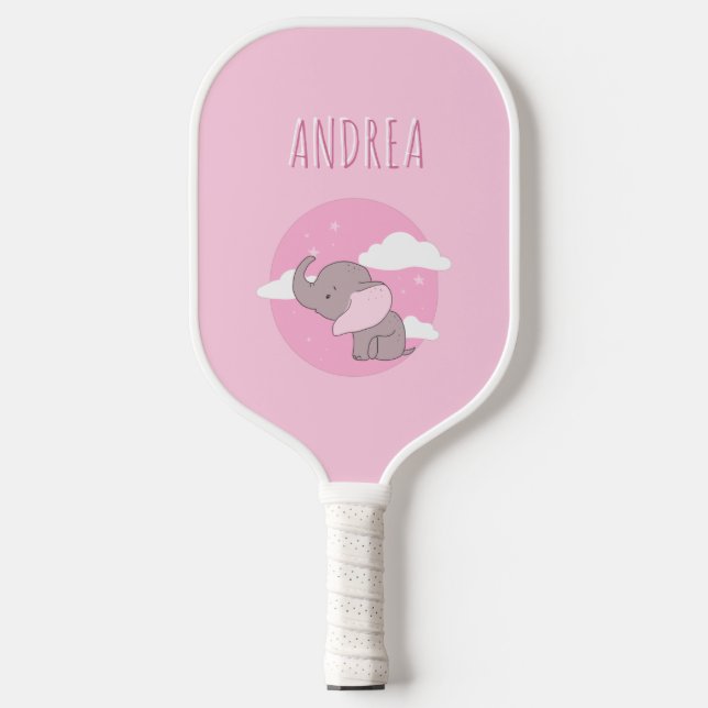  Girl Elephant Cute Pink Dreamy Clouds Kids Name Pickleball Paddle (Front)