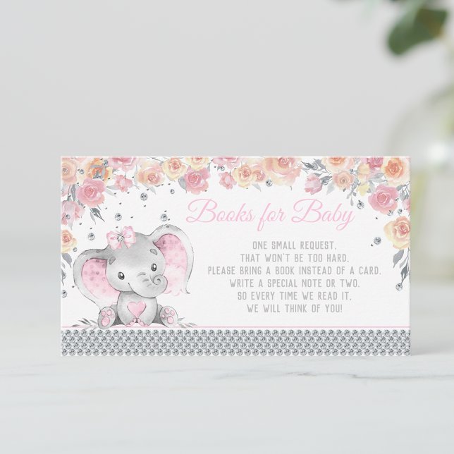 Girl Elephant Diamond Book Request Baby Shower Enclosure Card (You can change the text as needed.)