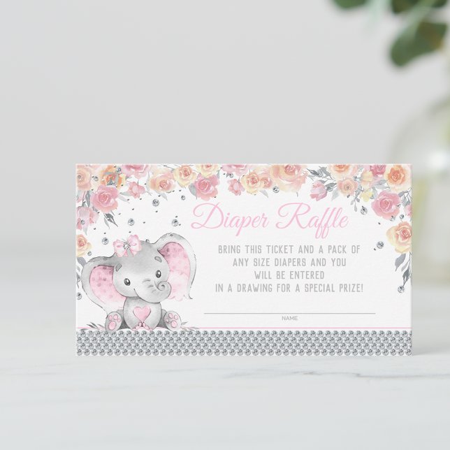 Girl Elephant Diamond Diaper Raffle Baby Shower Enclosure Card (You can change the text as needed.)