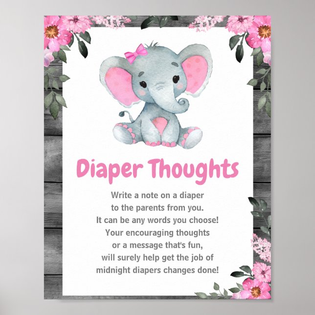 Girl Elephant Diaper Thoughts Baby Shower Sign  (Front)