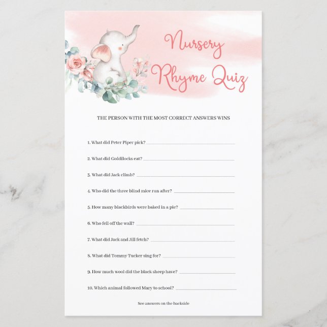 Girl Elephant Eucalyptus wreath Nursery Rhyme Quiz (Front)