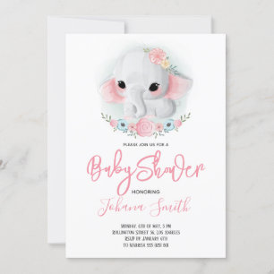 Girl Elephant Floral Baby Shower Invitation