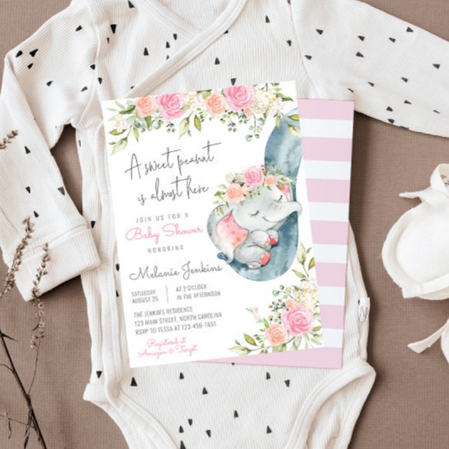 Girl Elephant Floral Baby Shower Invitation (Creator Uploaded)