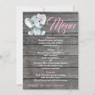 Girl Elephant Menu card for Baby Shower birthday