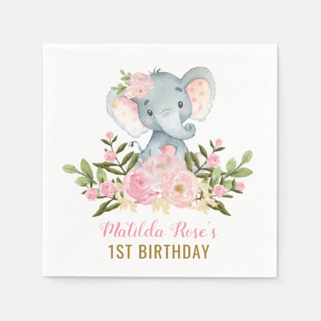 Girl Elephant Paper Napkin Pink Floral Birthday (Front)