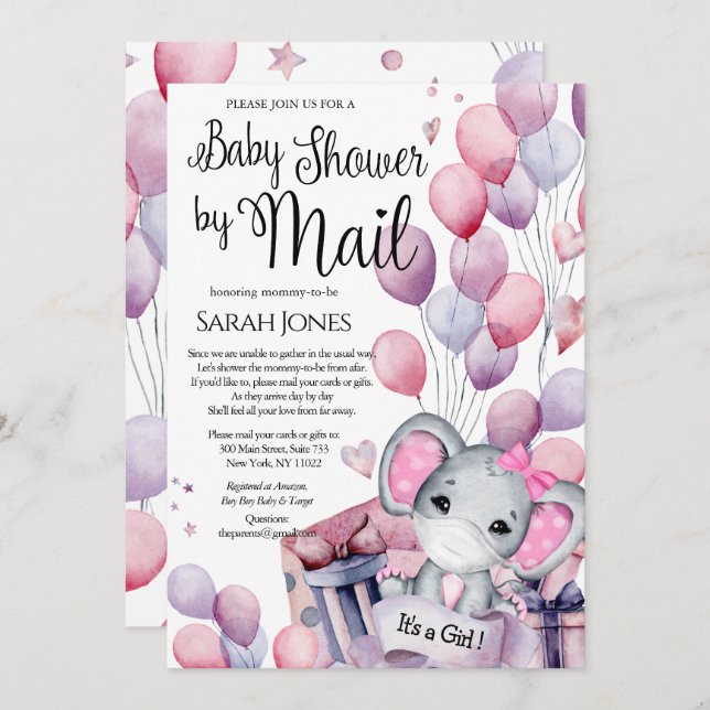 Girl Elephant Pink Balloons Baby Shower by Mail Invitation (Front/Back)