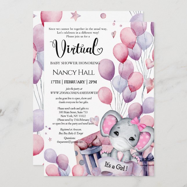 Girl Elephant Pink Balloons Virtual Baby Shower Invitation (Front/Back)