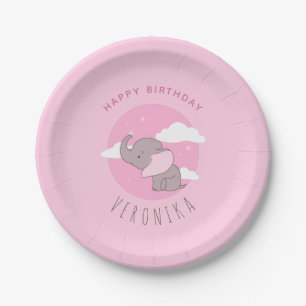 Girl Elephant Pink Dreamy Kids Birthday Party Paper Plate
