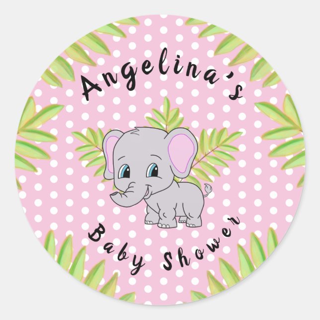 Girl Elephant Pink Polka Dot Baby Shower Animals Classic Round Sticker (Front)