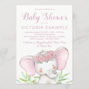 Girl Elephant Pink Rose Watercolor Baby Shower Invitation