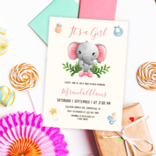 Girl Elephant Pink Watercolor Baby Shower Invitation