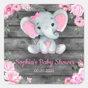 Girl Elephant Shower Floral Pink Paper Napkins Square Sticker