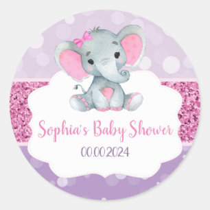 Girl Elephant Shower Pink Round Stickers for Favou