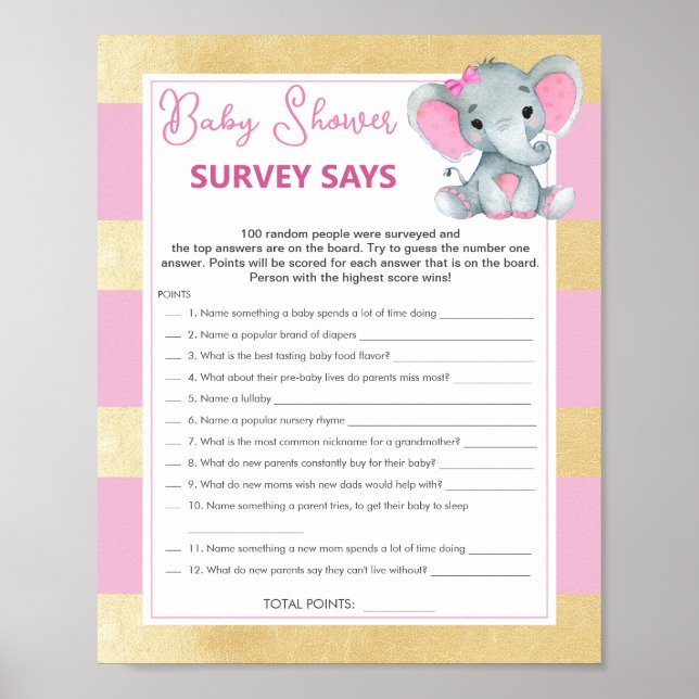 Girl Elephant Survey Says Baby Gold Shower Game Poster (Front)