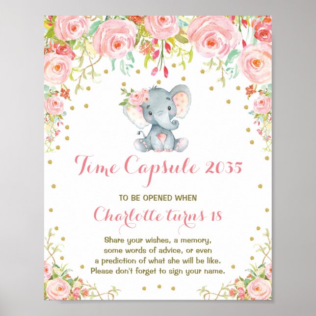 Girl Elephant Time Capsule First Birthday Sign (Front)