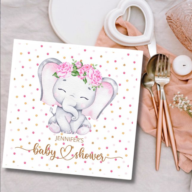Girl Elephant Watercolor Baby Shower Napkin (Creator Uploaded)