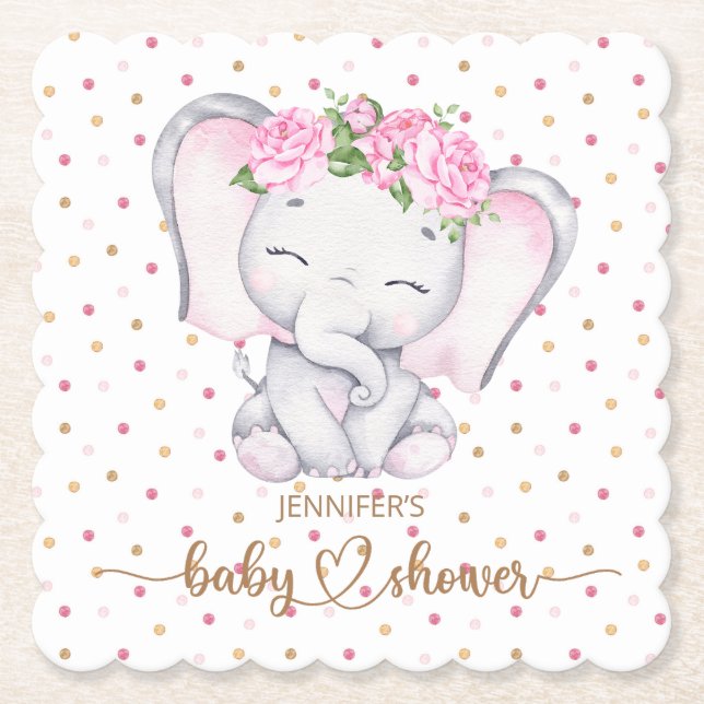 Girl Elephant Watercolor Baby Shower Paper Coaster (Front)